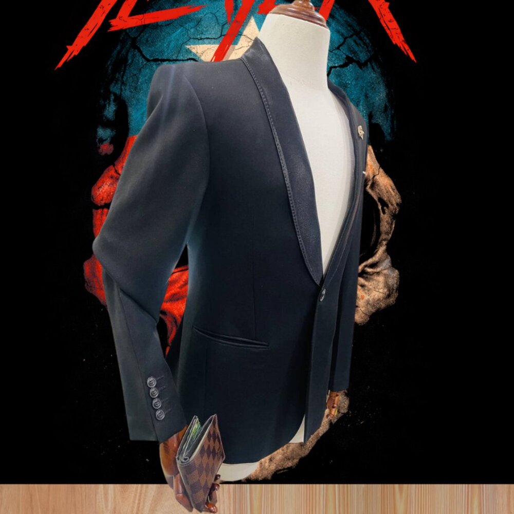 Men’s Black Formal Suit Jacket Satin Shawl Lapel Elegant Slim Fit Size 54R